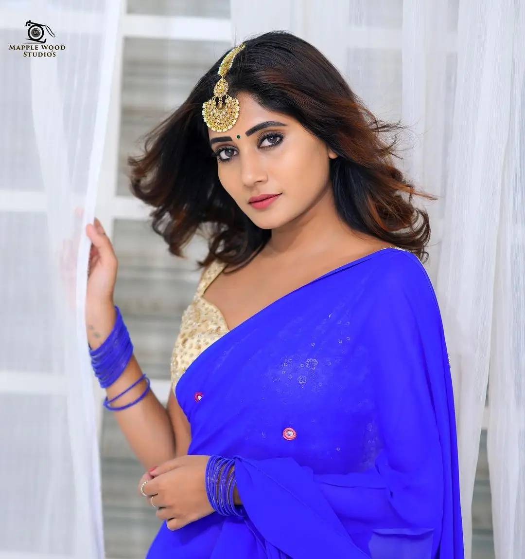 Vasanthi Krishnan Wearing Blue Saree Yellow Blouse